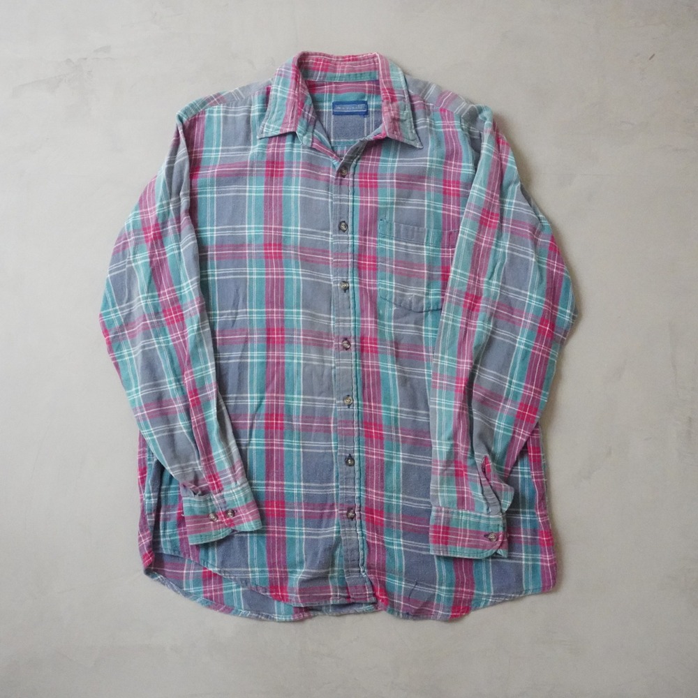 Vintage Towncraft Flannel Shirt Large Mens 90s Grey Pink Teal Plaid Button Up